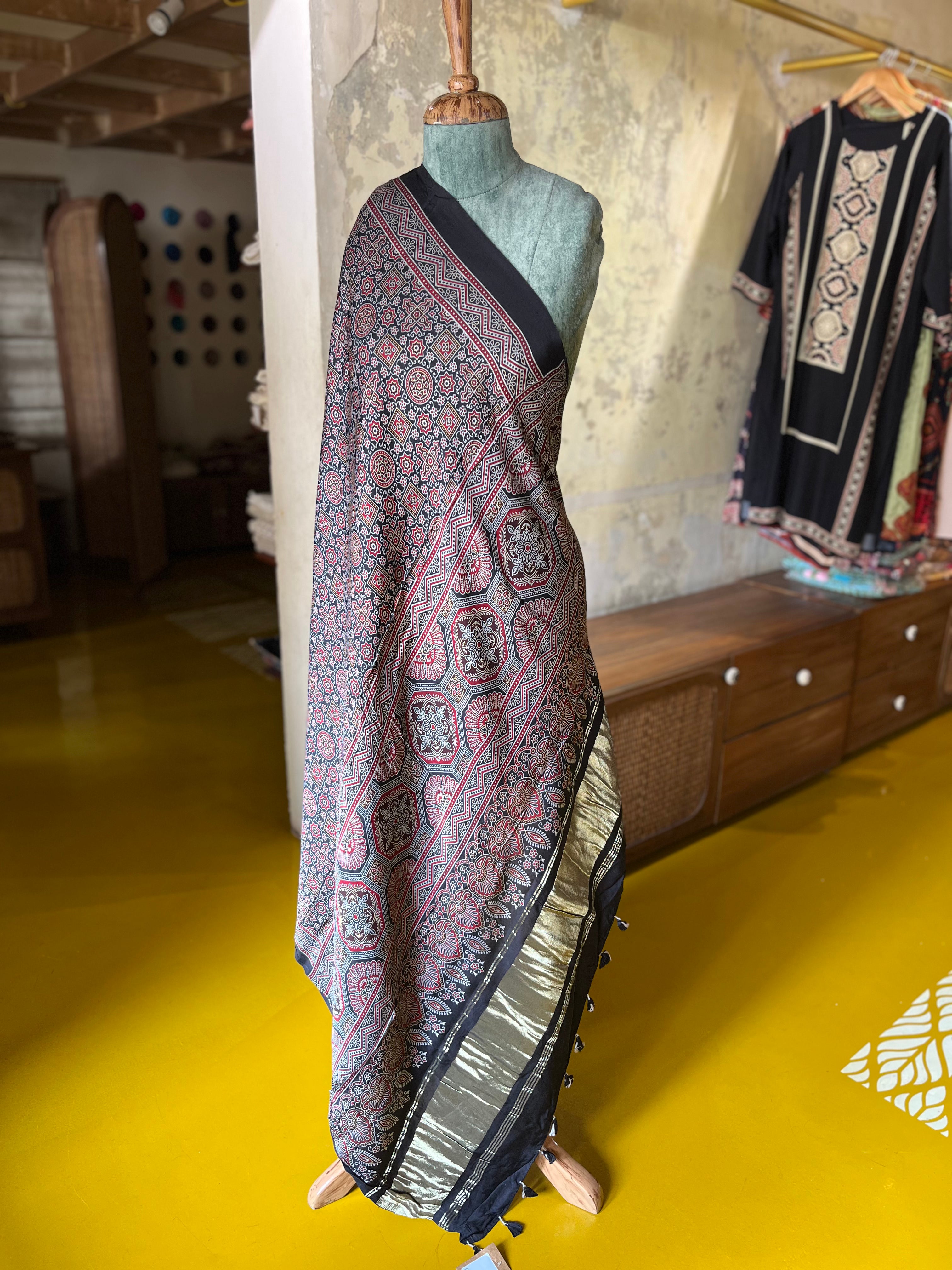 Noir Ajrakh (Silk Border) – Ajrakh Modal Silk Dupatta