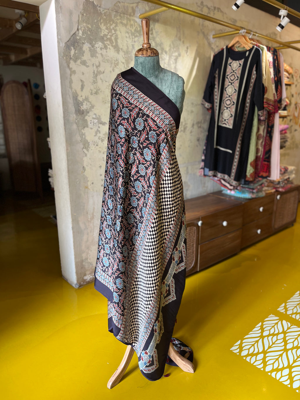 Midnight Bloom – Ajrakh Modal Silk Dupatta