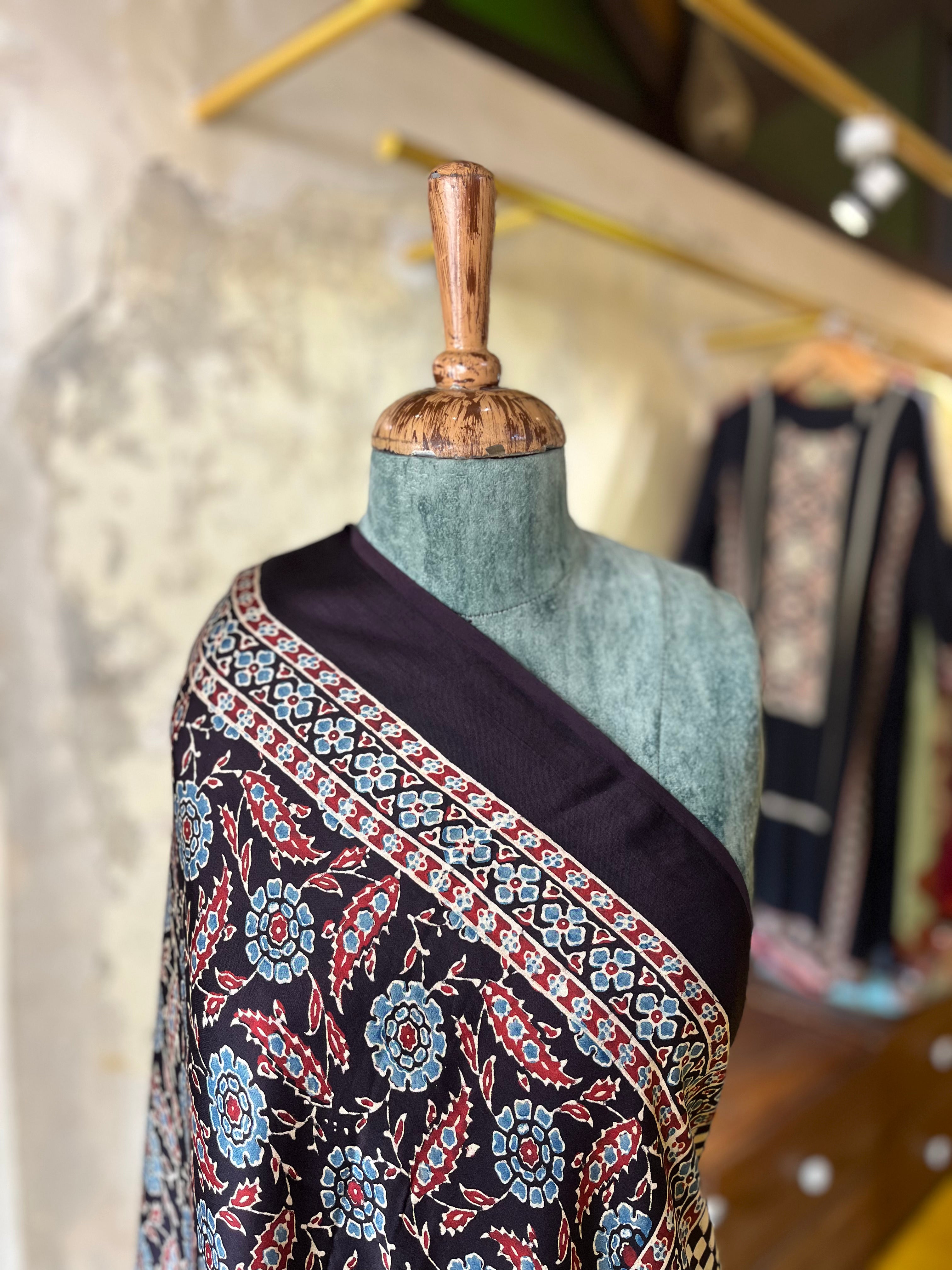 Midnight Bloom – Ajrakh Modal Silk Dupatta