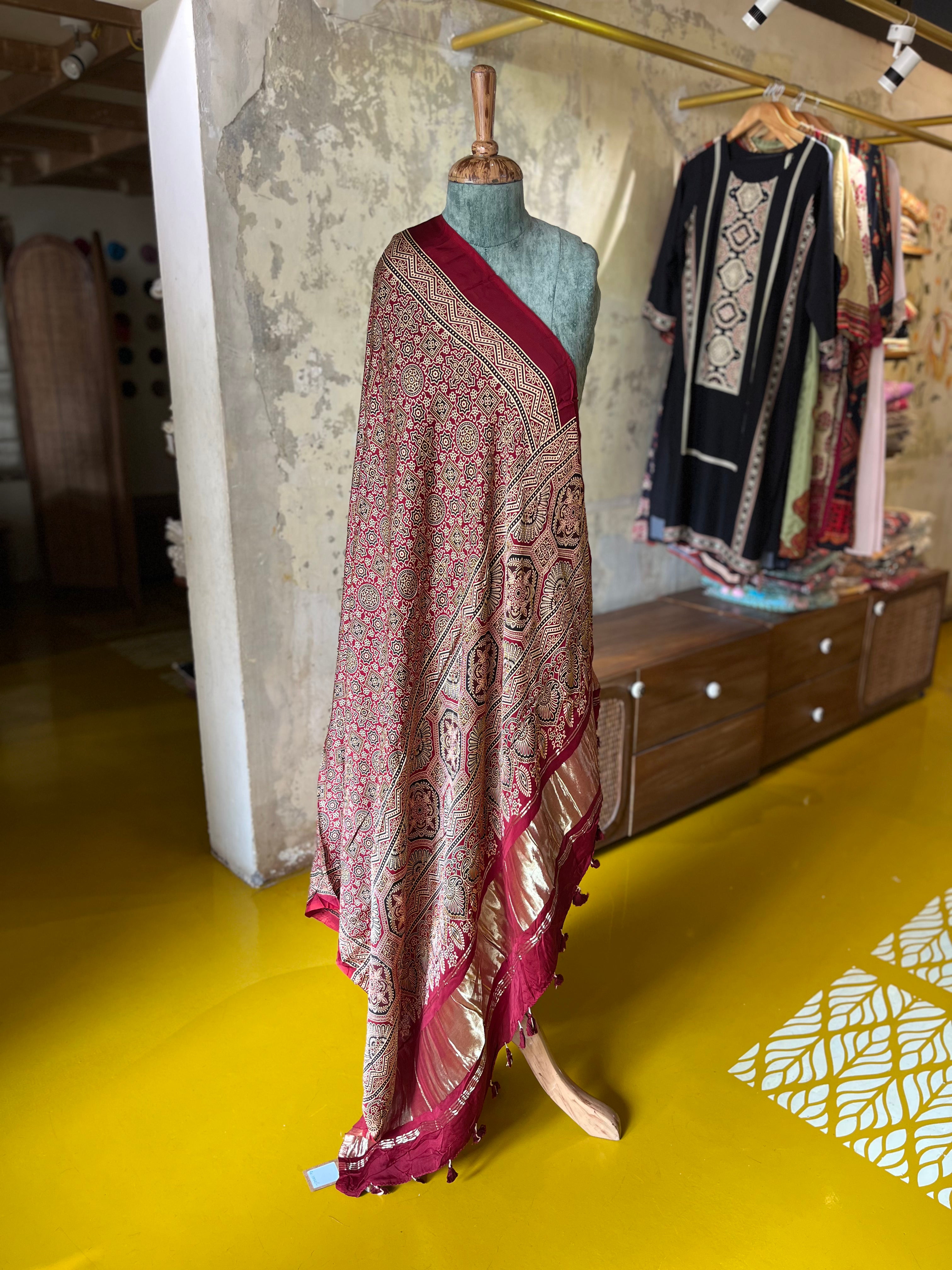 Royal Maroon (Silk Border) – Ajrakh Modal Silk Dupatta