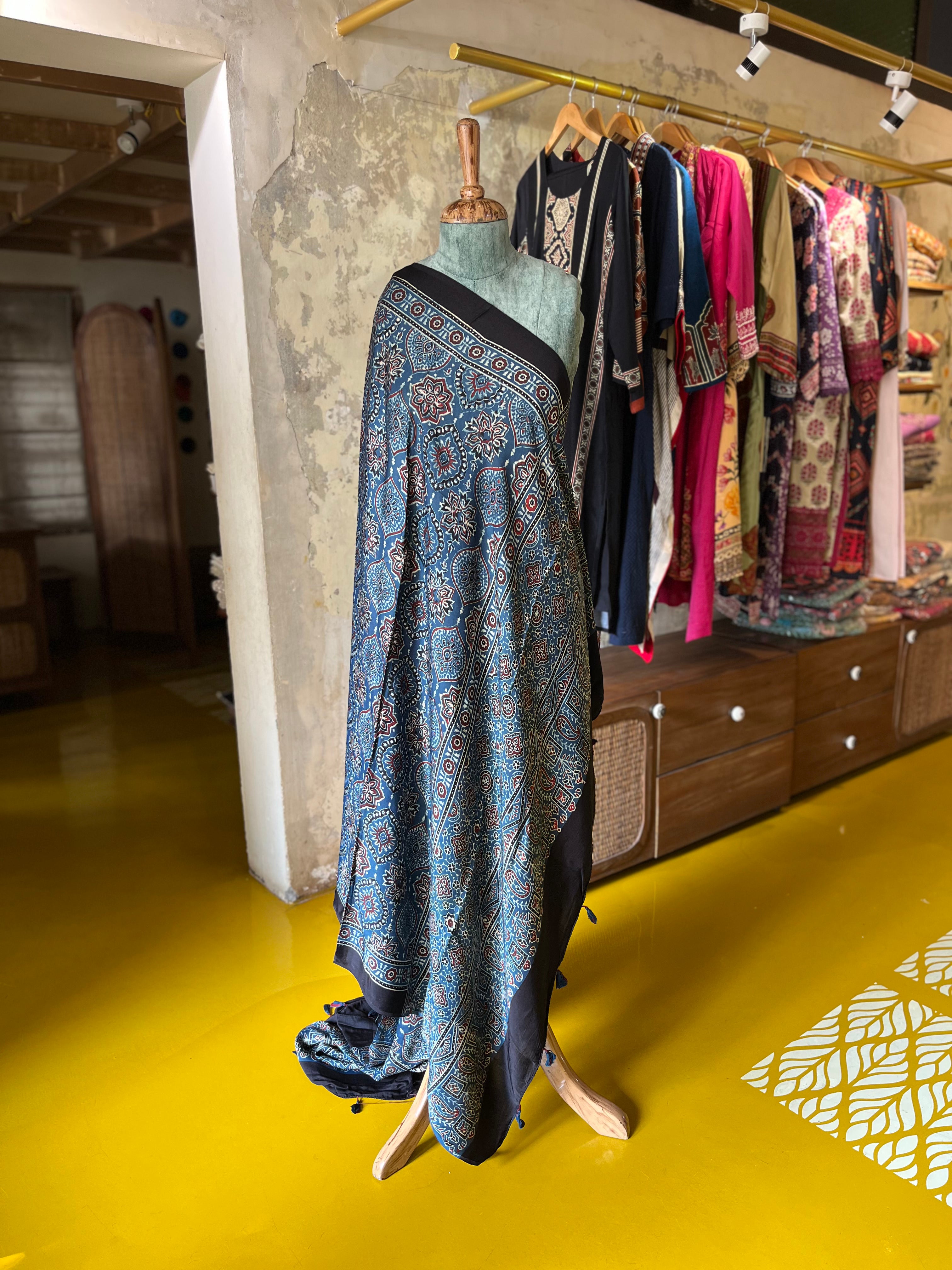 Teal Heritage – Ajrakh Modal Silk Dupatta