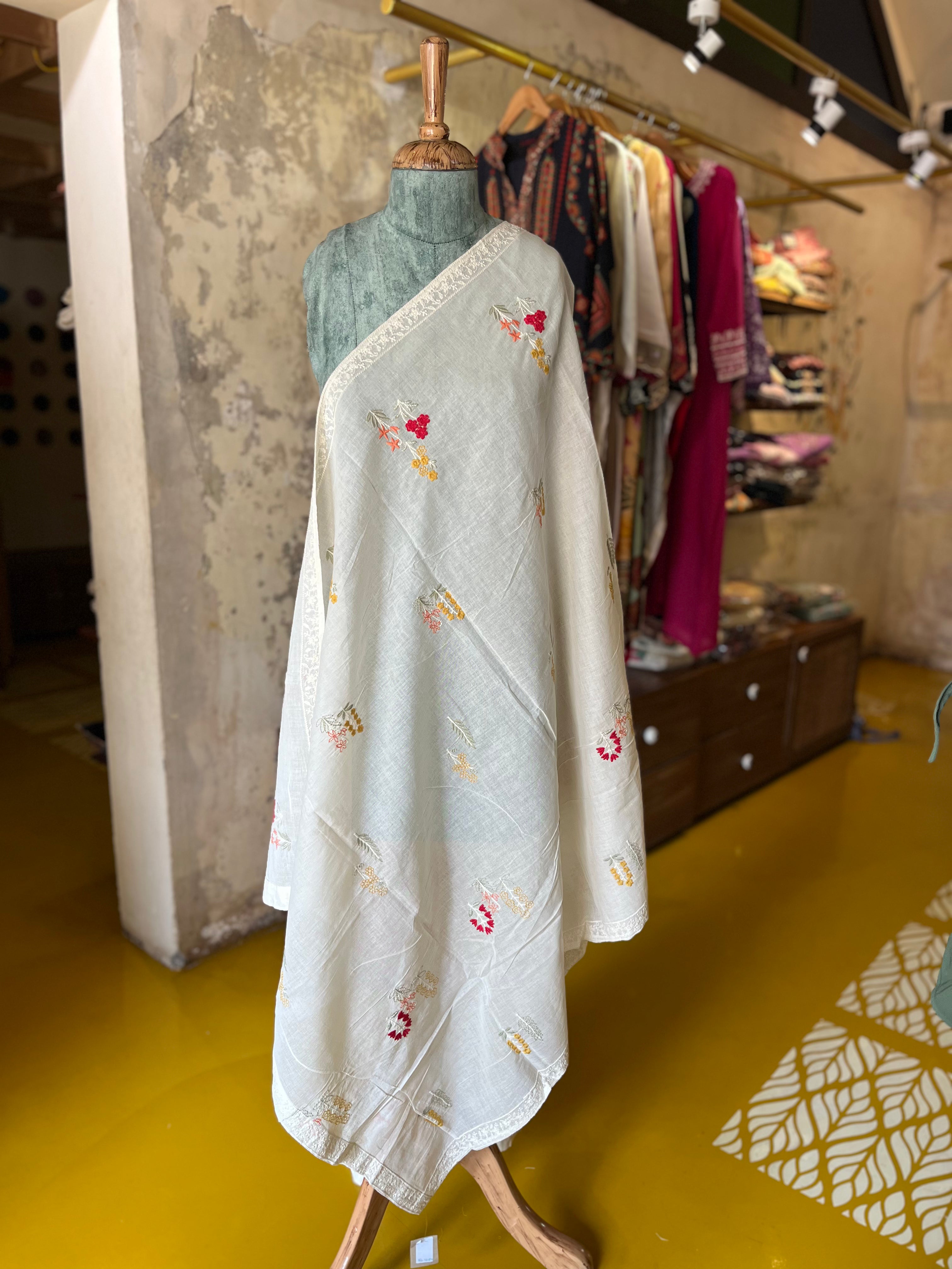 Off-White Bloom – Cotton Dyable Dupatta